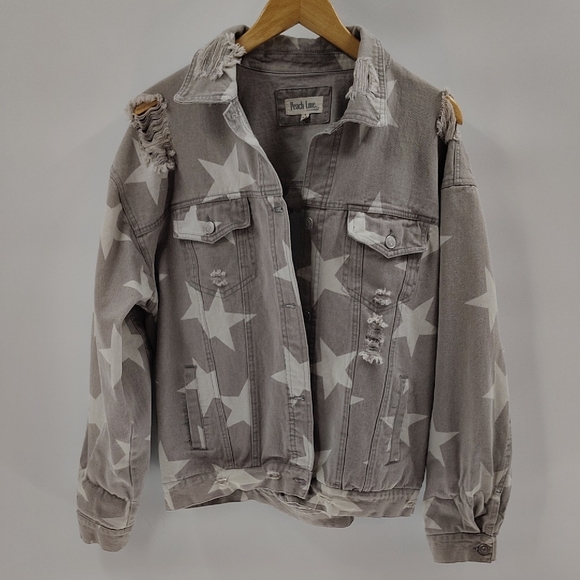 Peach Love California Jean Jackets Small Oversized Gray Star Print Distressed - Picture 1 of 4
